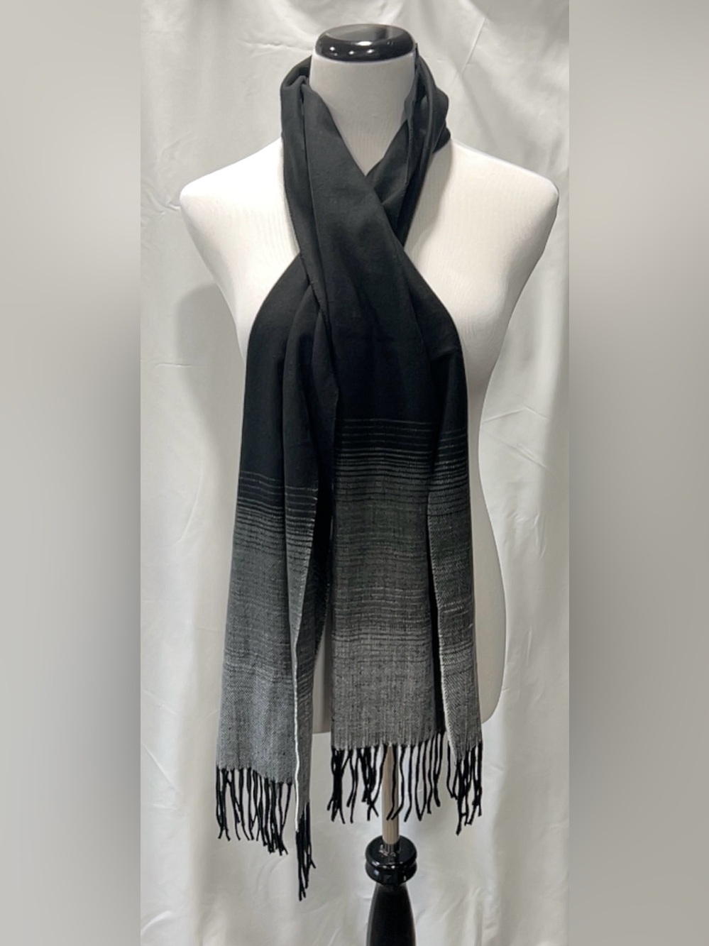 Calvia Fading Black Gray Ombre Cashmere Feel Fringe Winter Scarf Large 76x13